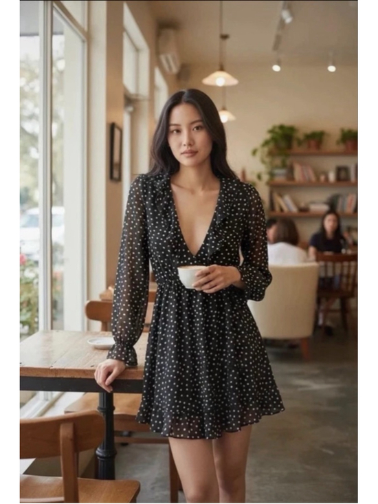 Divided Dresses & Skirts - H&M Black Polka Dot Wrap Dress Sheer Sleeve Ruffle Mini Size 4 🖤